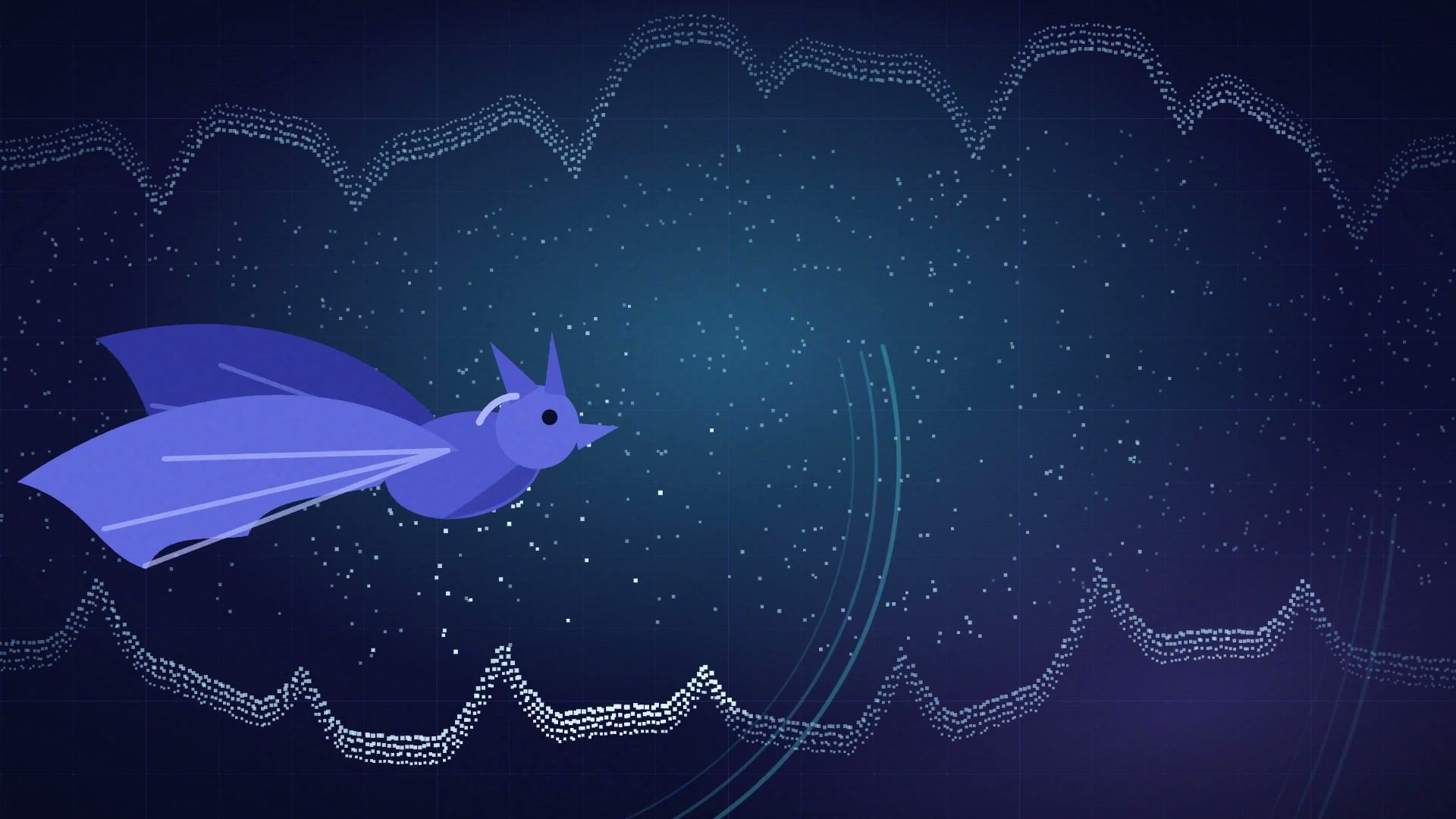 A violet bat flying through a field of echo lines.
