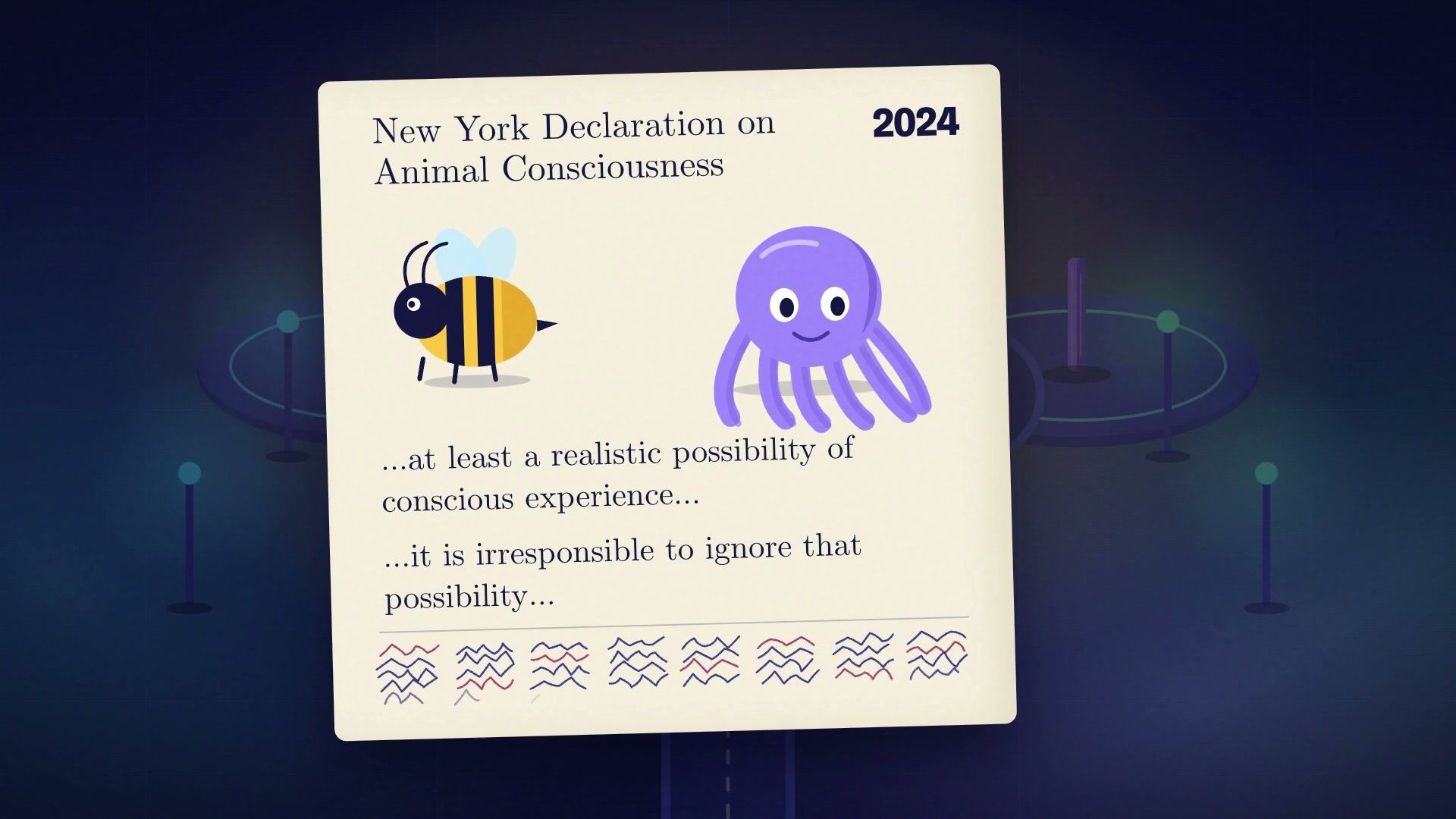 A paper declaration with an illustrated bee and octopus.