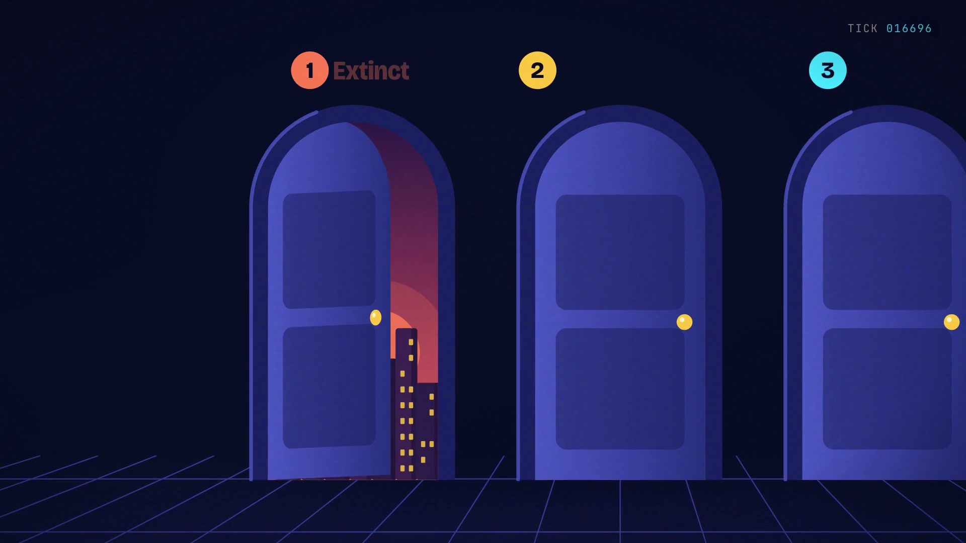 Three arched doors on a grid, numbered one to three.