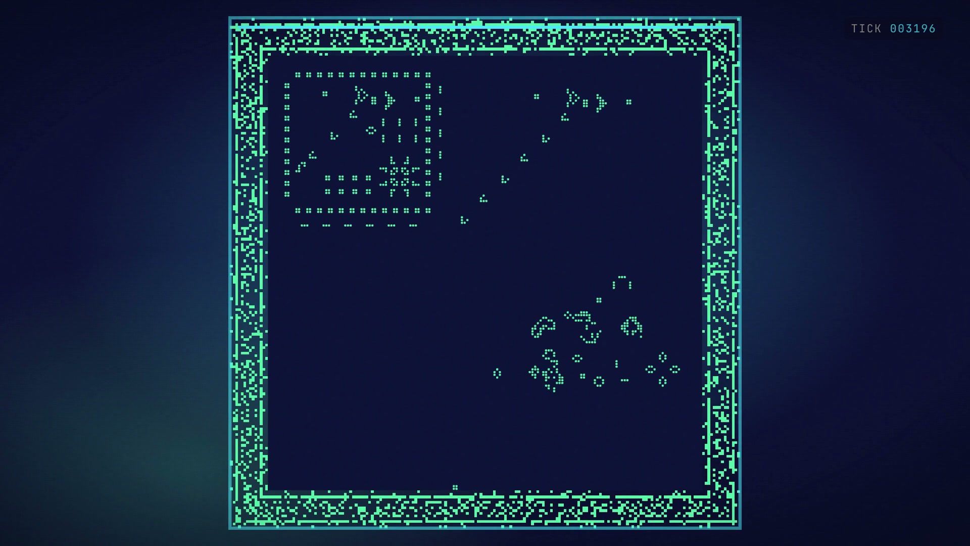 Conway’s Game of Life: a glider gun firing gliders across a dark grid.