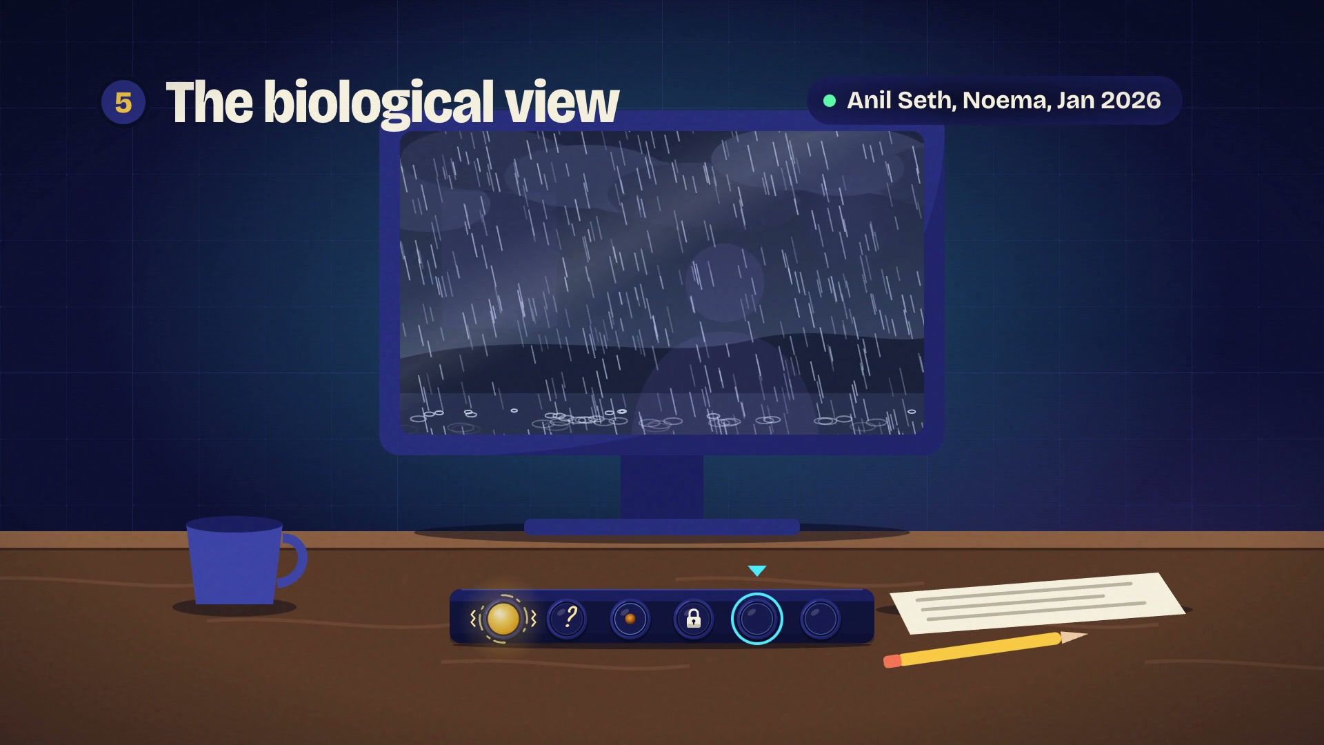 A monitor showing rain above a perfectly dry wooden desk with a mug and a pencil.