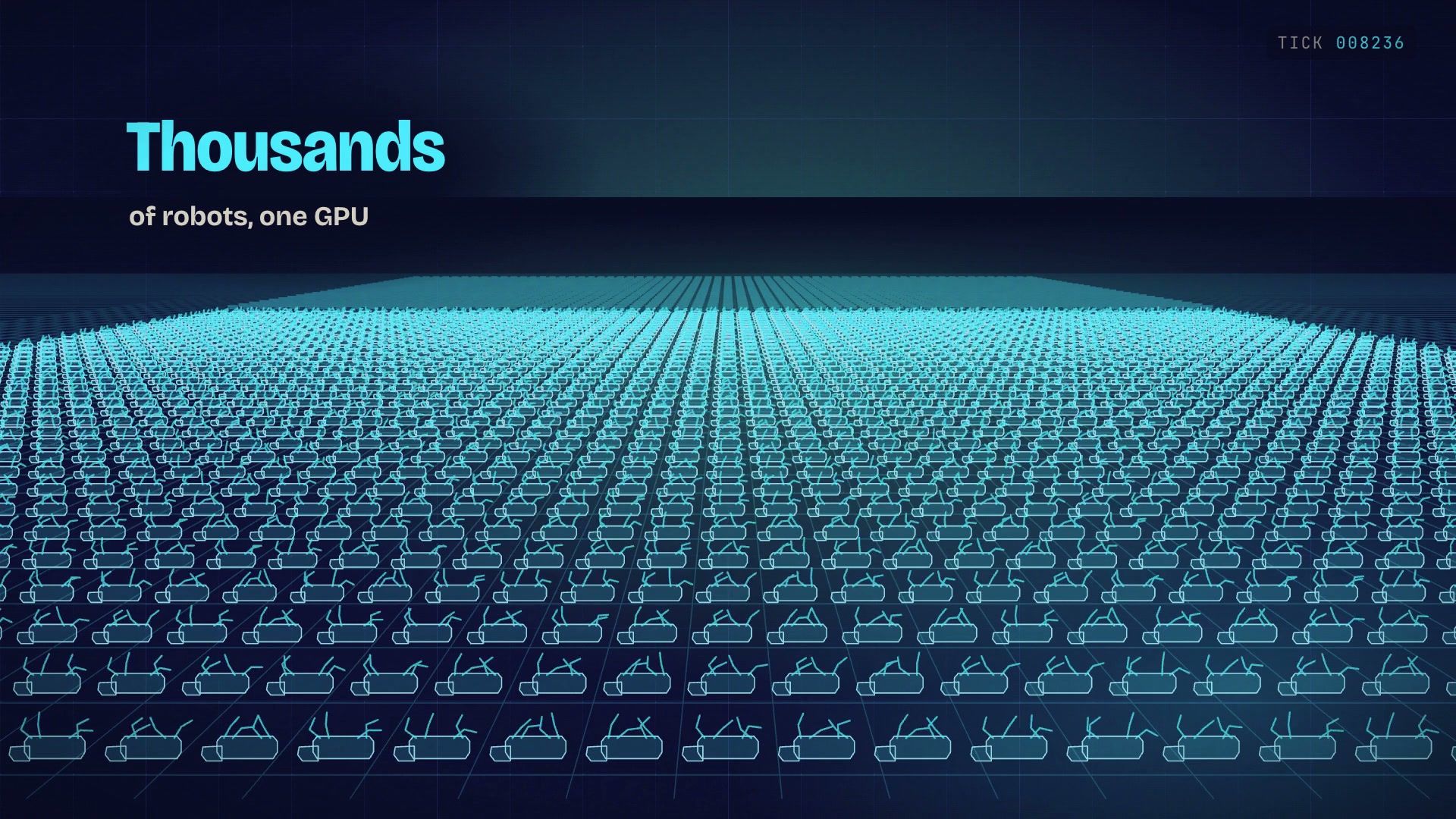 A vast field of tiny cyan robot outlines learning to walk in simulation.
