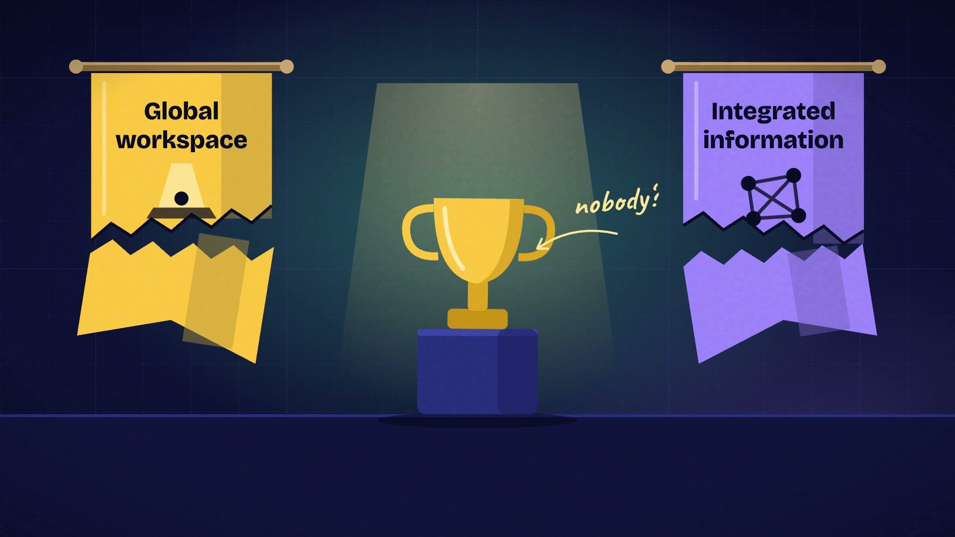Two torn banners, Global workspace and Integrated information, beside an empty trophy with a chalk note: nobody.