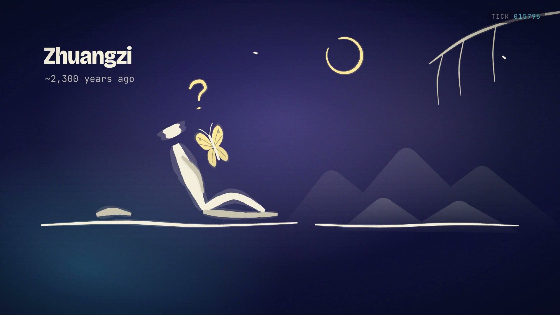 Chalk-line drawing of a sleeping figure and a butterfly under a crescent moon.